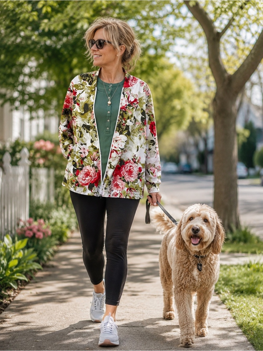 Floral Open-Front Blazer Jacket in Green and Pink
